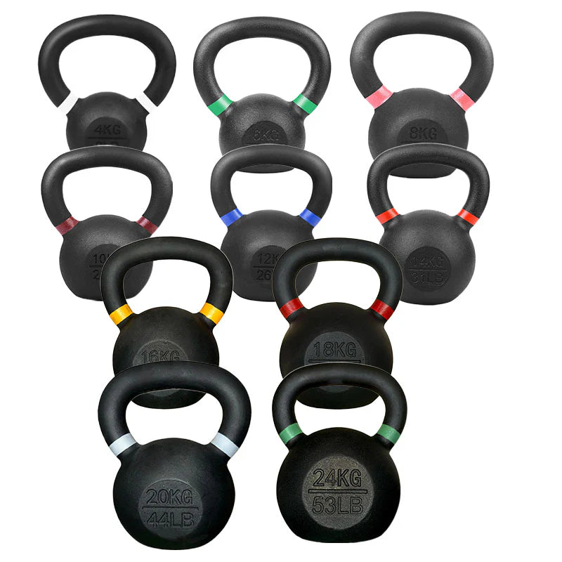 Set of cast iron kettlebells in assorted weights