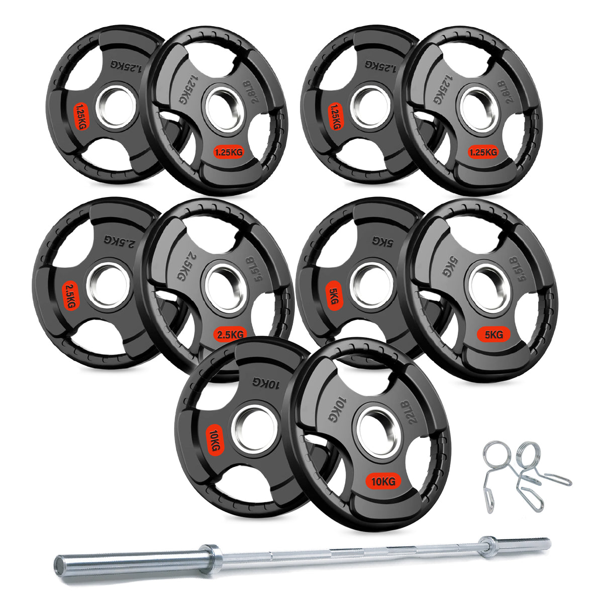 Tri-grip weight plate set with barbell and collars