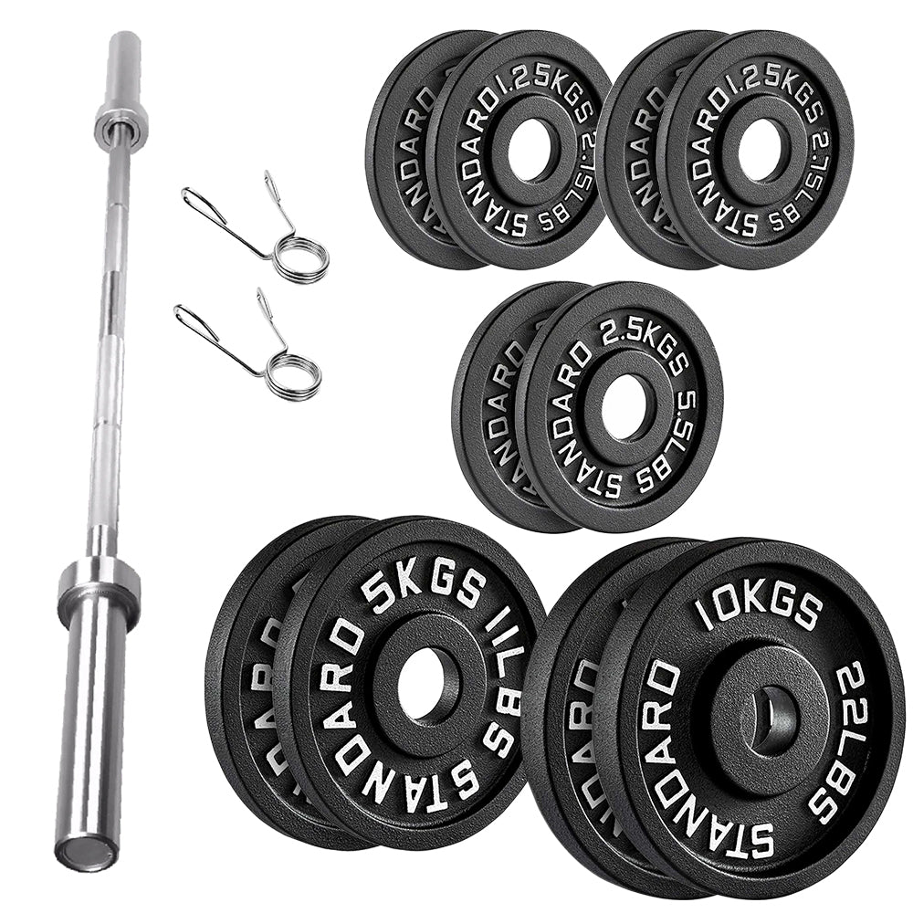 Cast iron weight plate set with barbell and spring collars