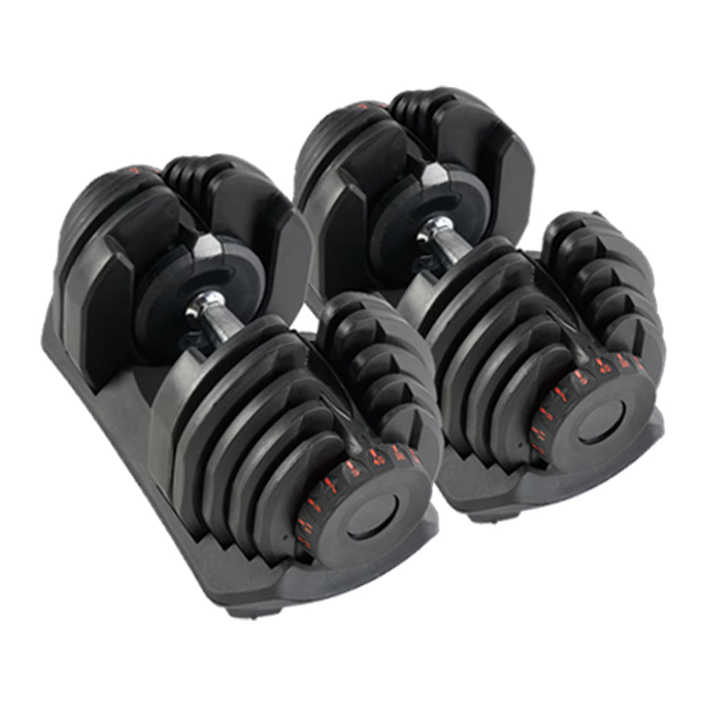 Pair of adjustable dumbbells with selector bases