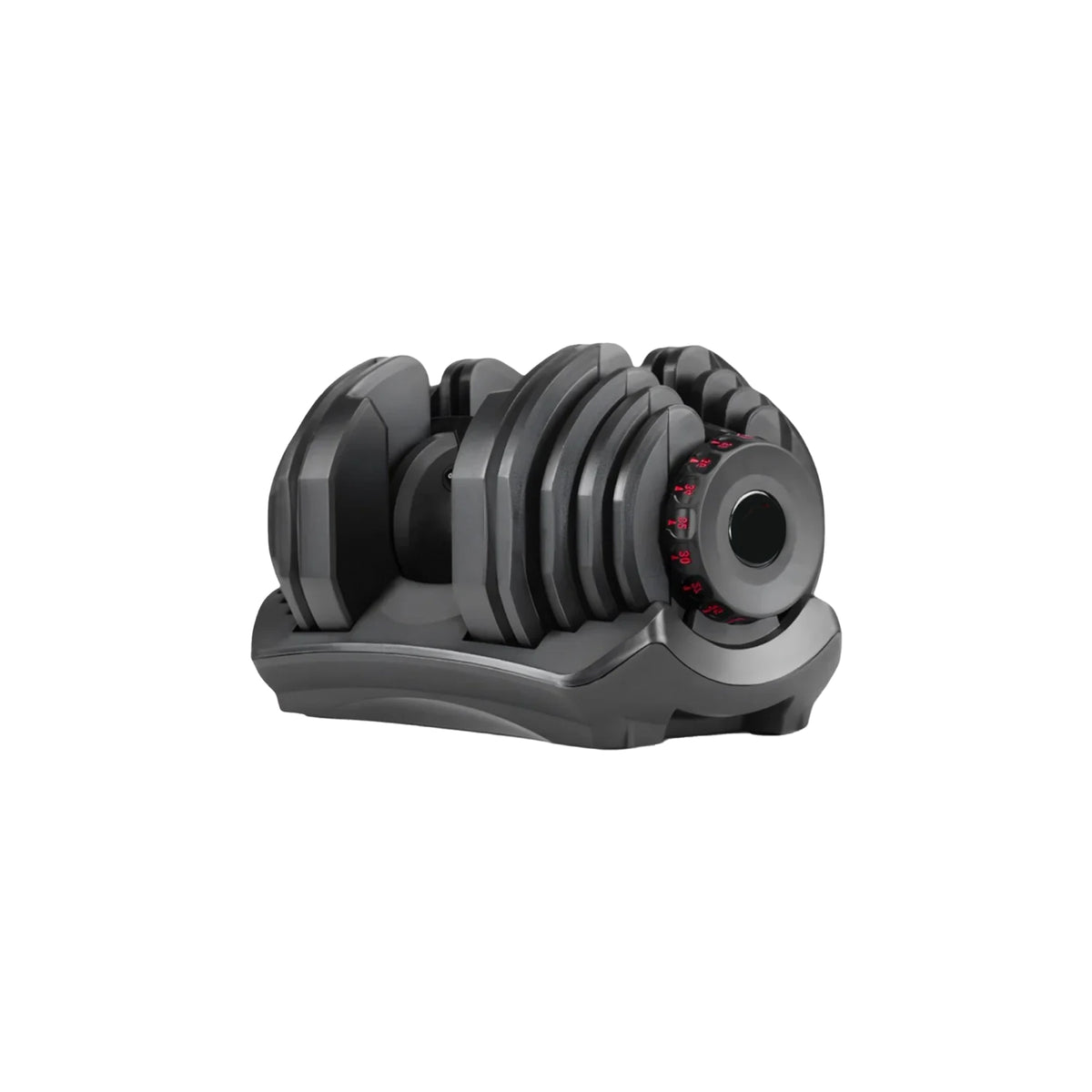 Adjustable dumbbell resting in its base