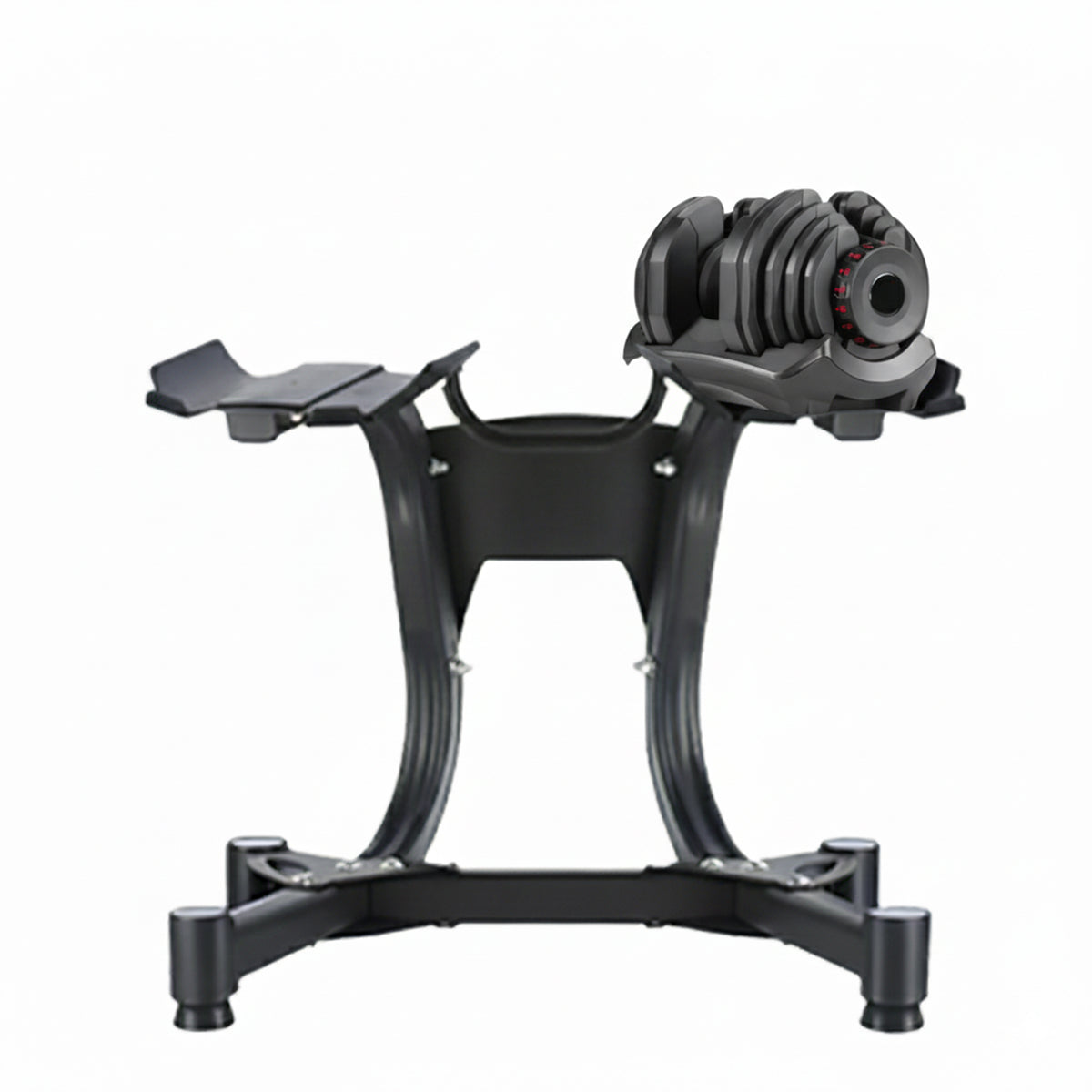 Adjustable dumbbells on a raised storage stand