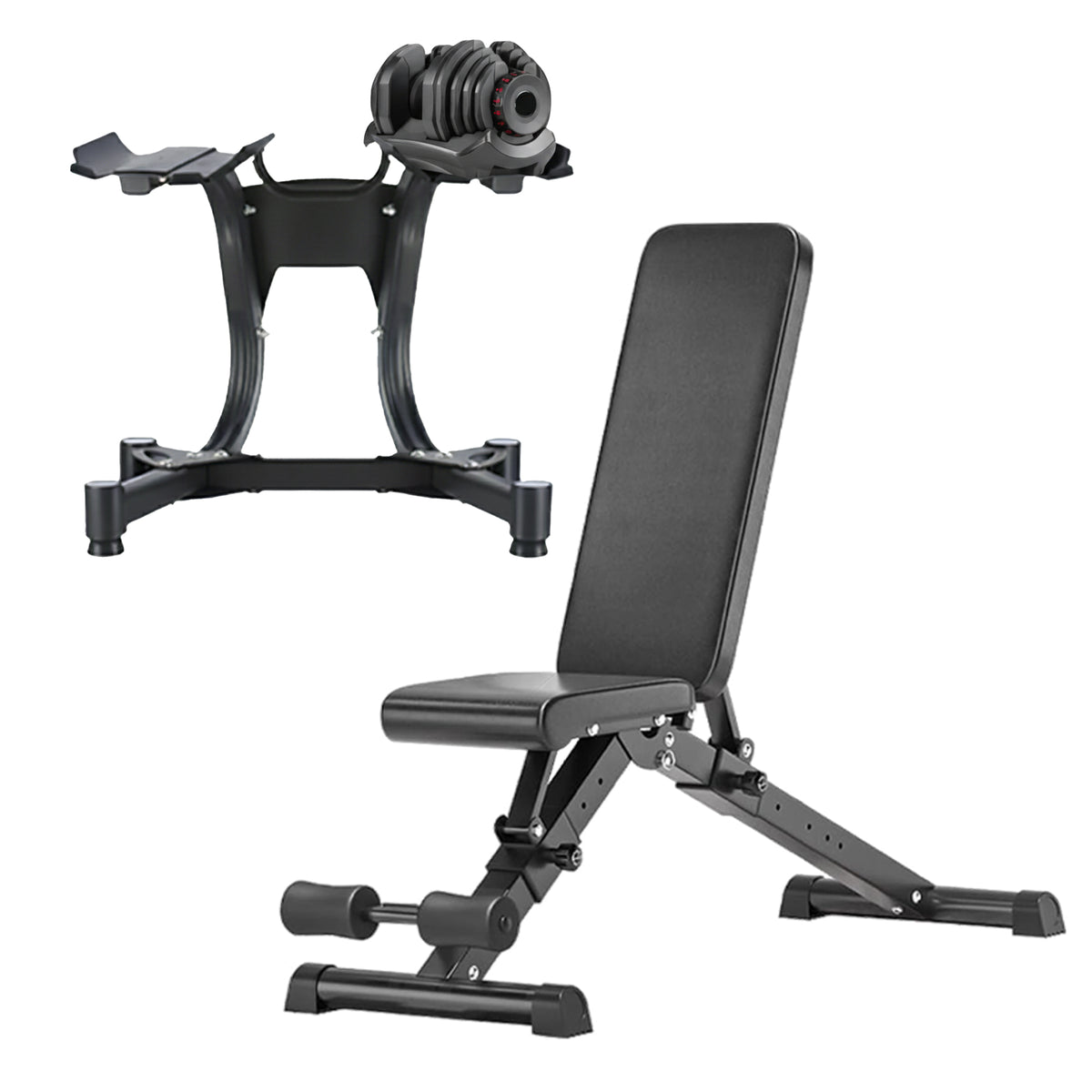 Adjustable dumbbells with storage stand and weight bench