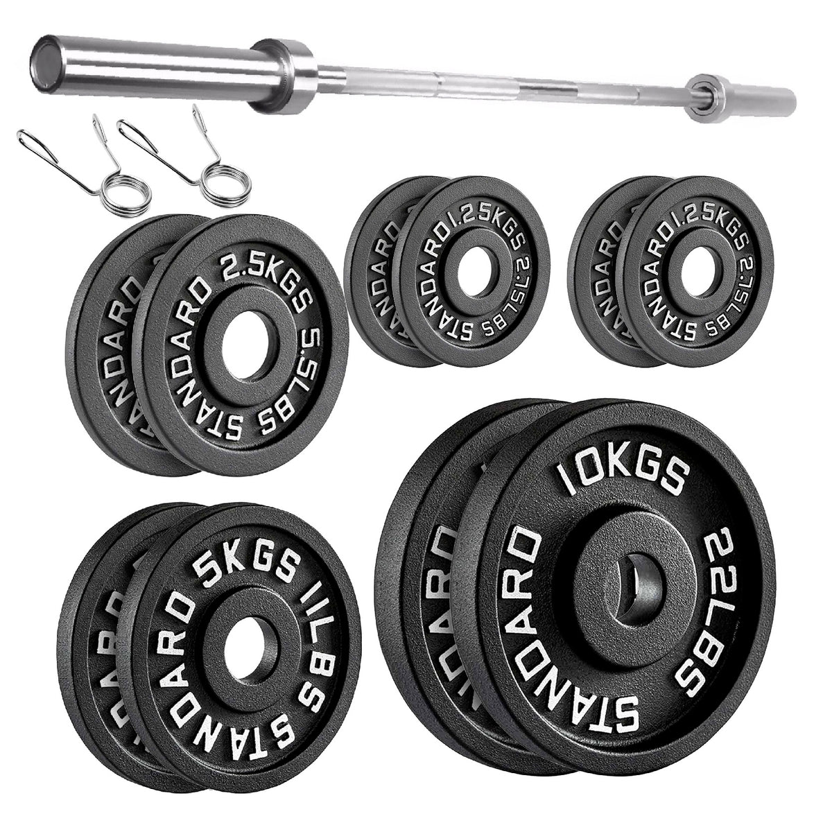 Cast iron weight plate set with barbell and spring collars