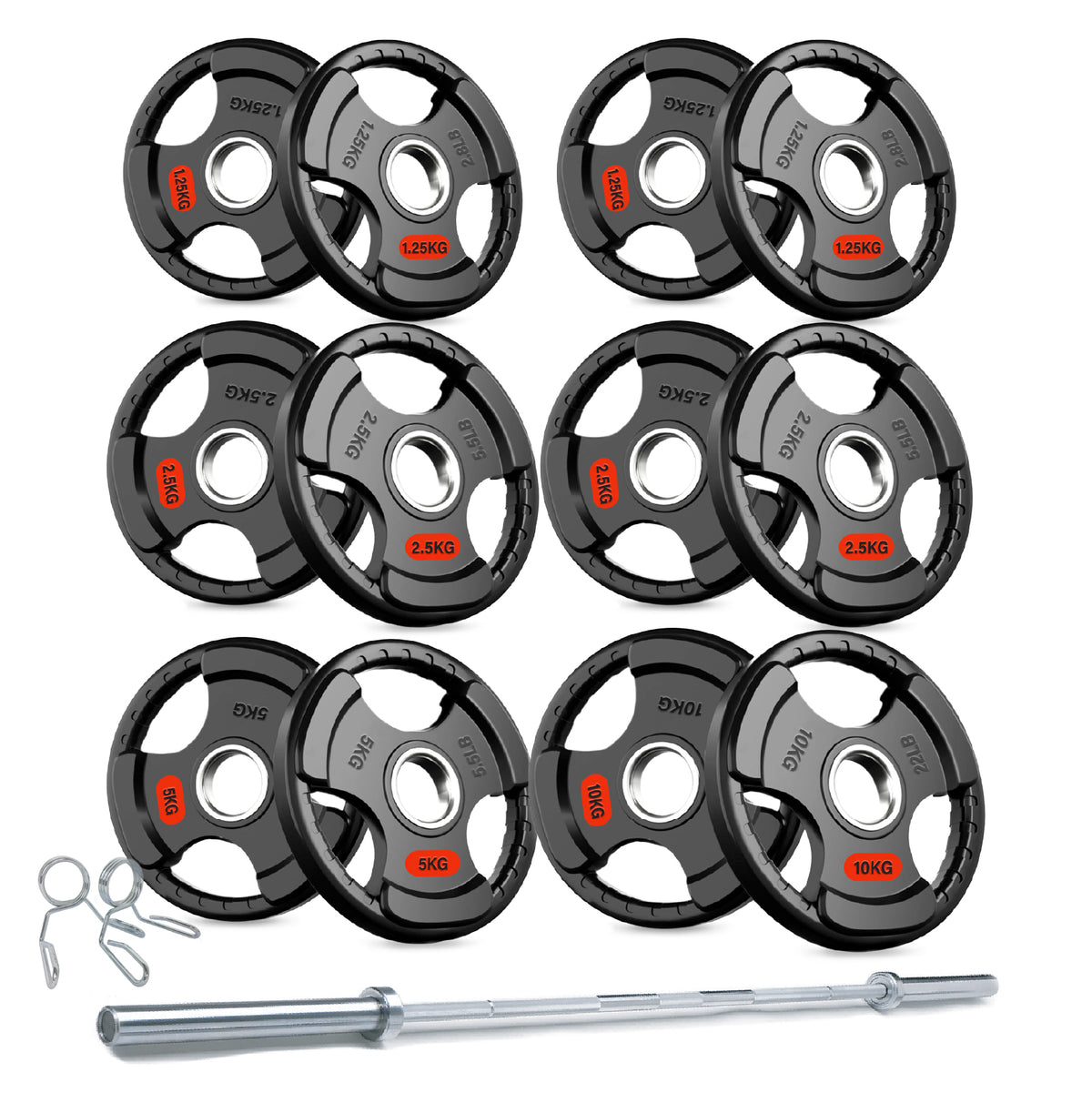 Tri-grip plate set with barbell and collars