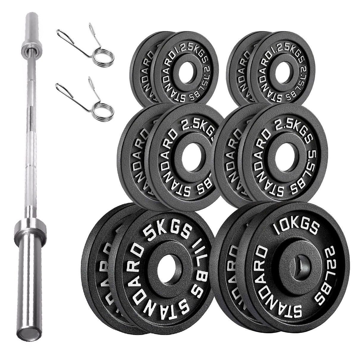 Cast iron weight plate set with barbell and spring collars