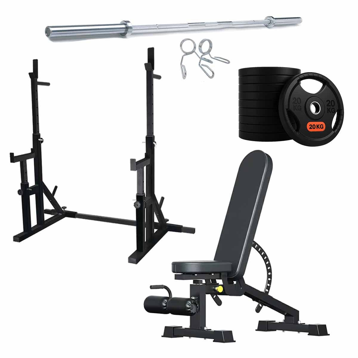 Black squat rack set with weight plates and adjustable bench