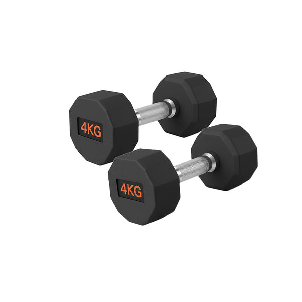 Pair of rubber hex dumbbells with red weight markings