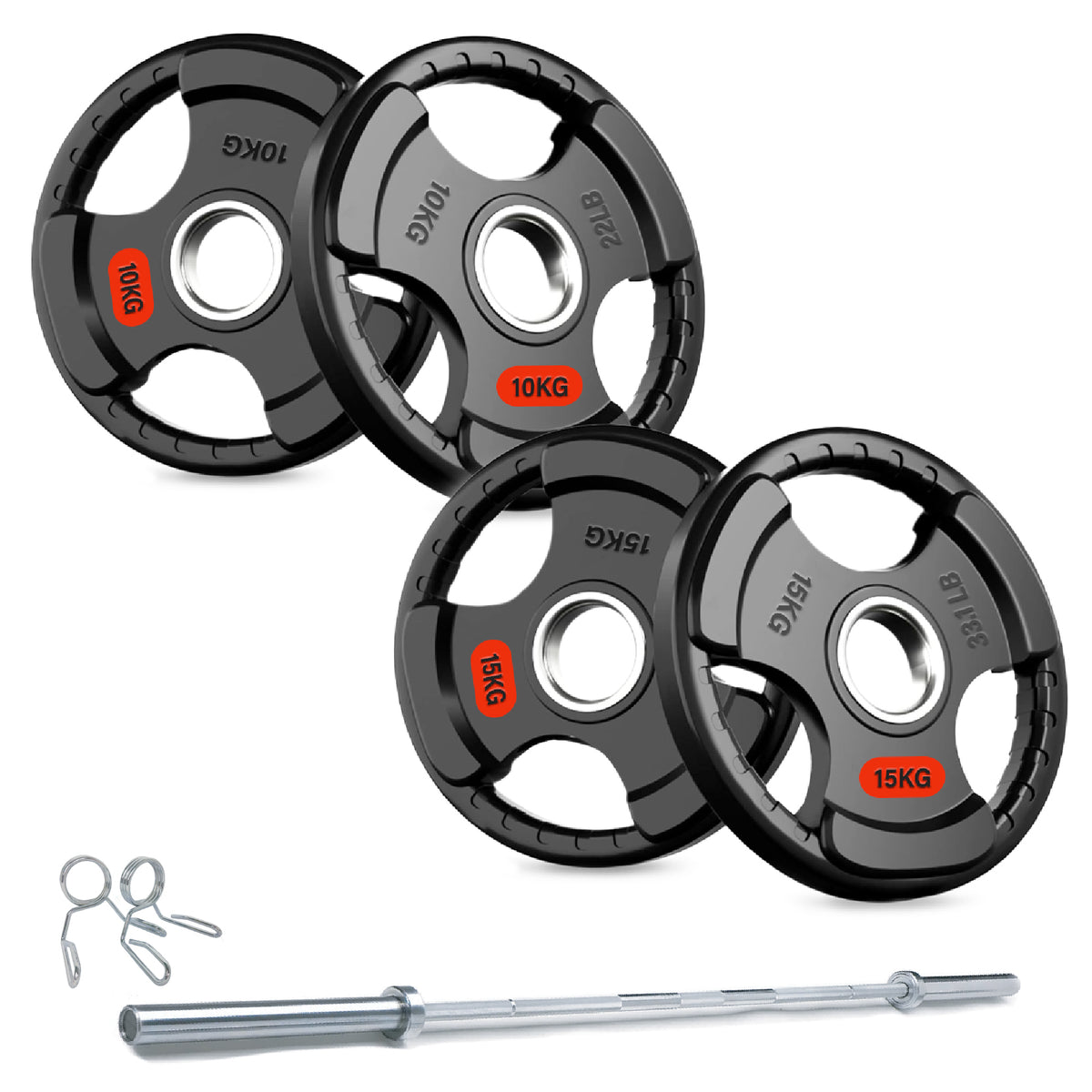 Tri-grip plates, barbell and spring collars