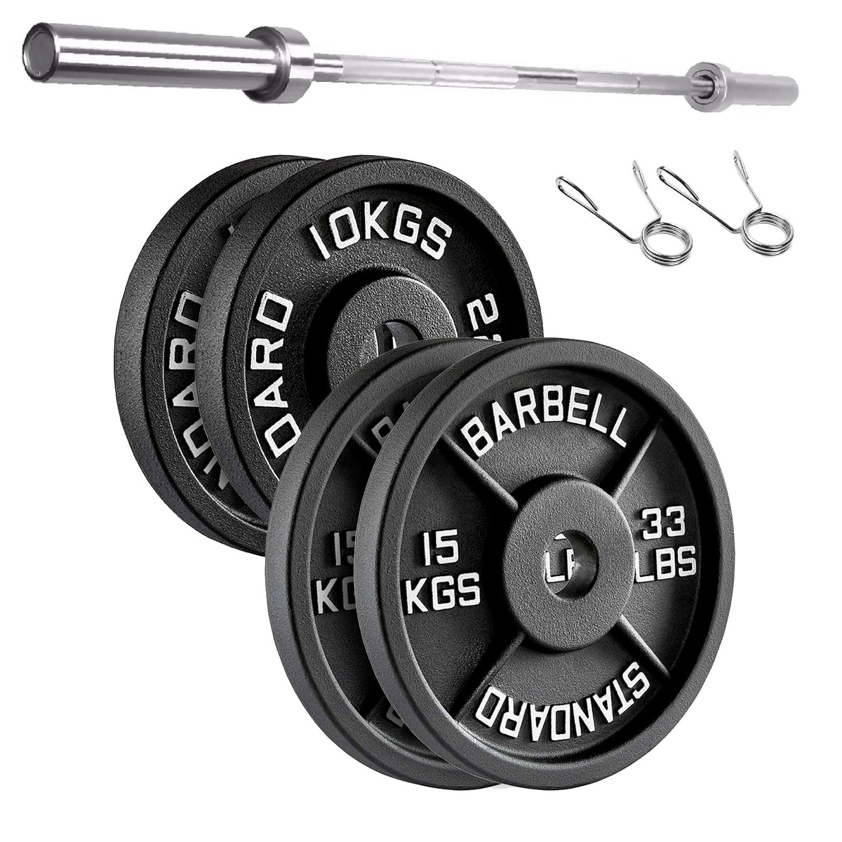Cast iron weight plate set with barbell and spring collars