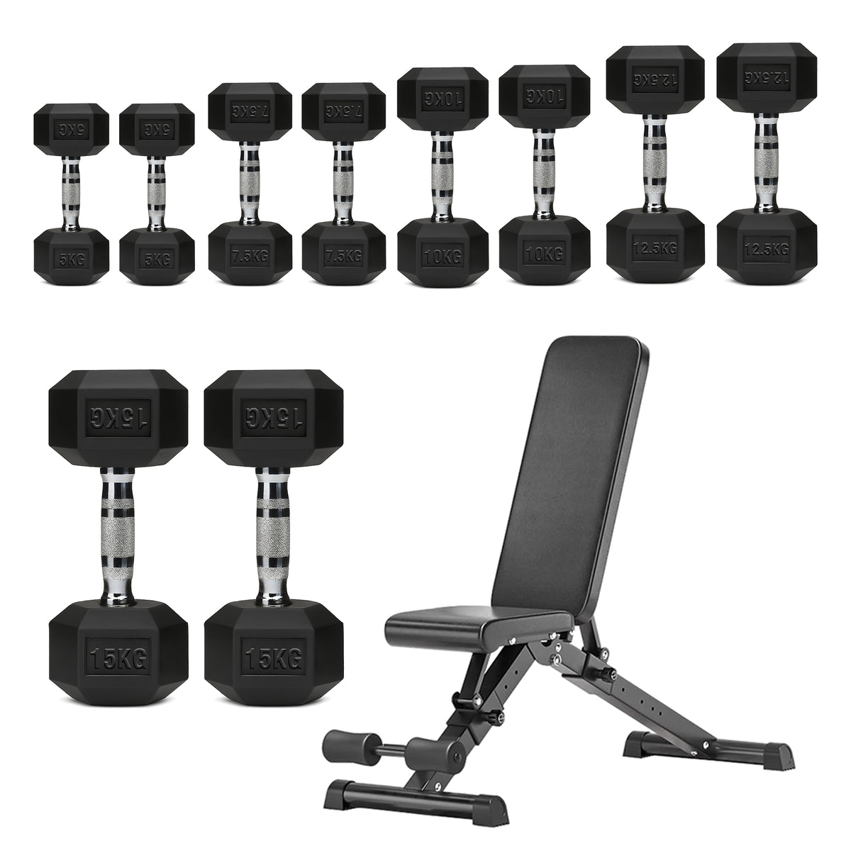 Hex dumbbell set with adjustable weight bench