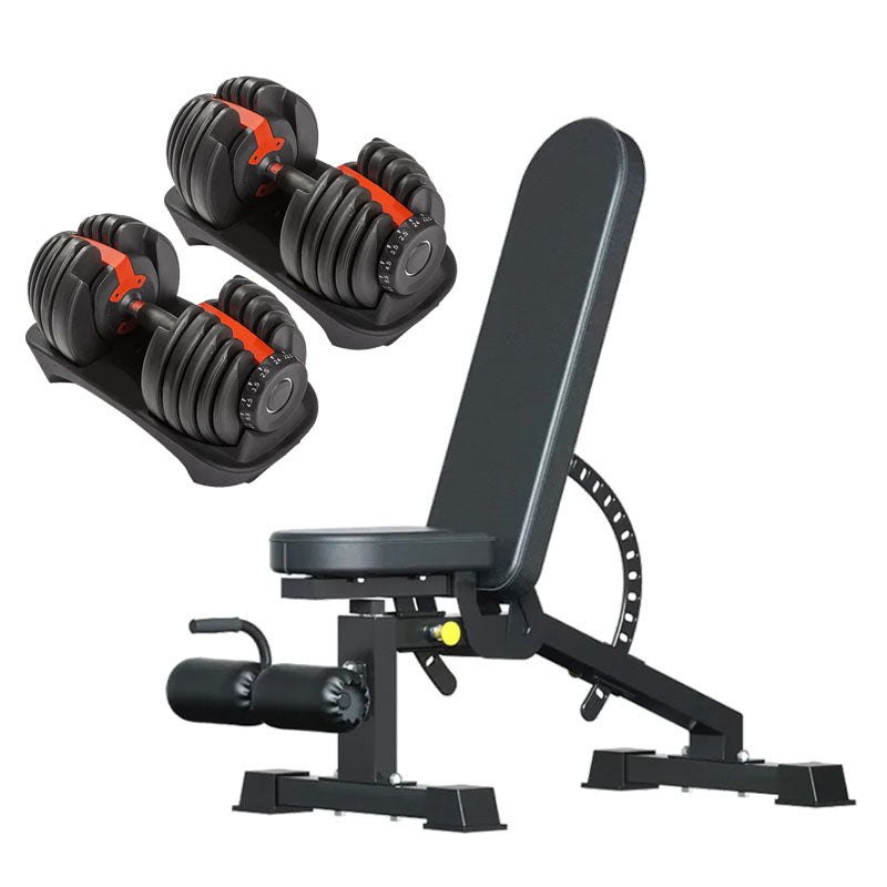 Adjustable dumbbell configuration with weight bench