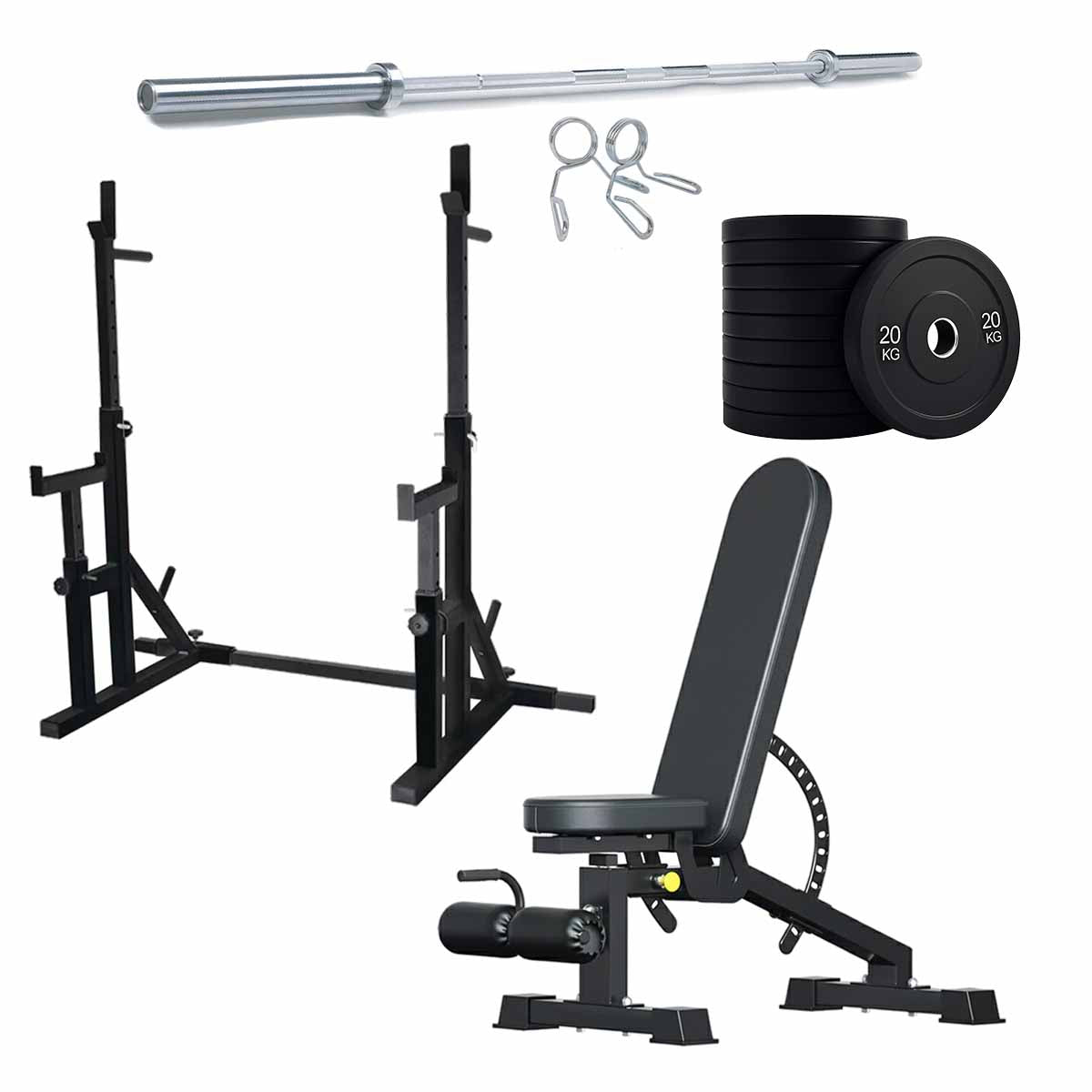Black squat rack set with weight plates and adjustable bench