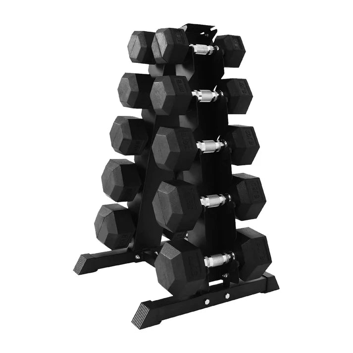 Hex dumbbells on a five-tier tree rack