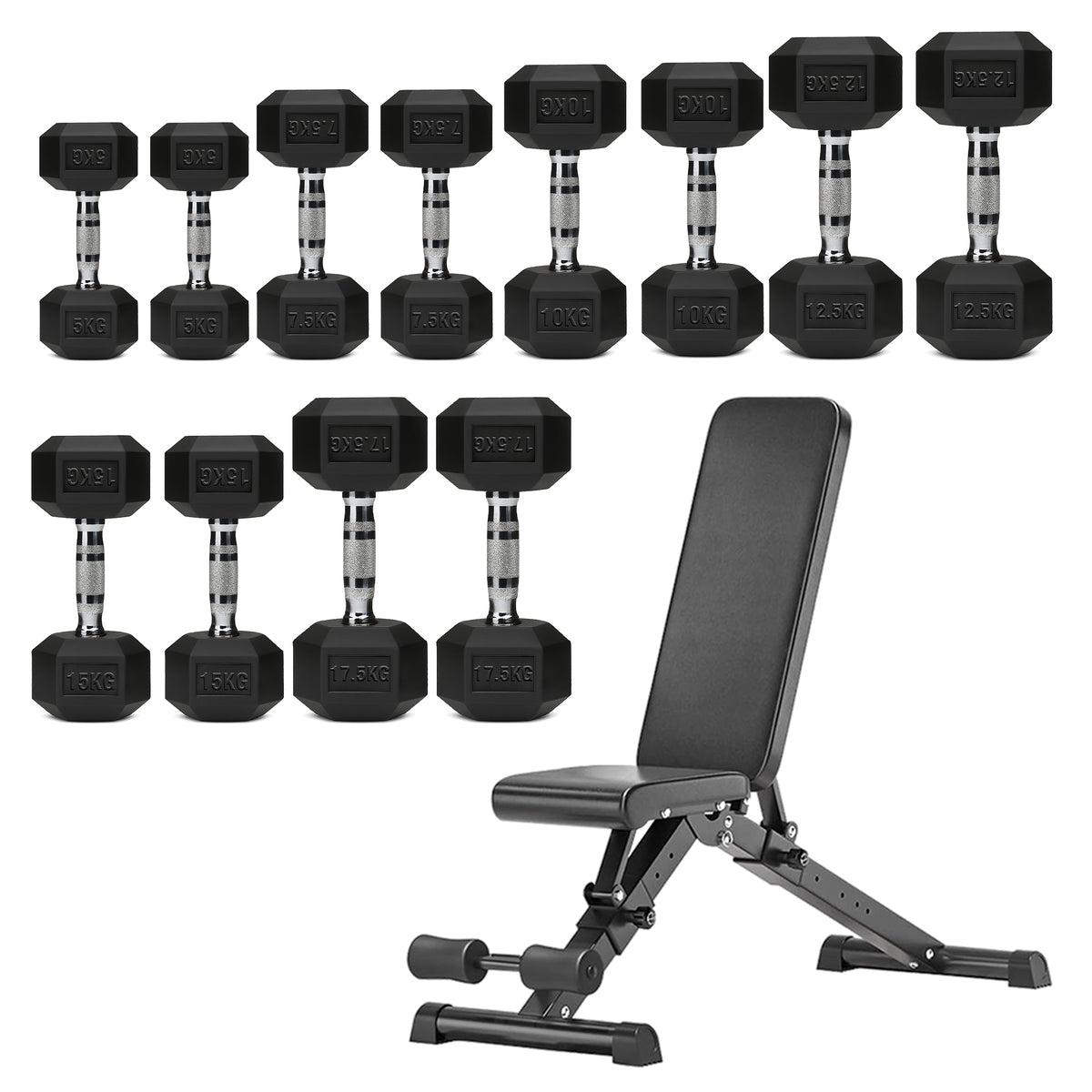Hex dumbbell set with adjustable weight bench