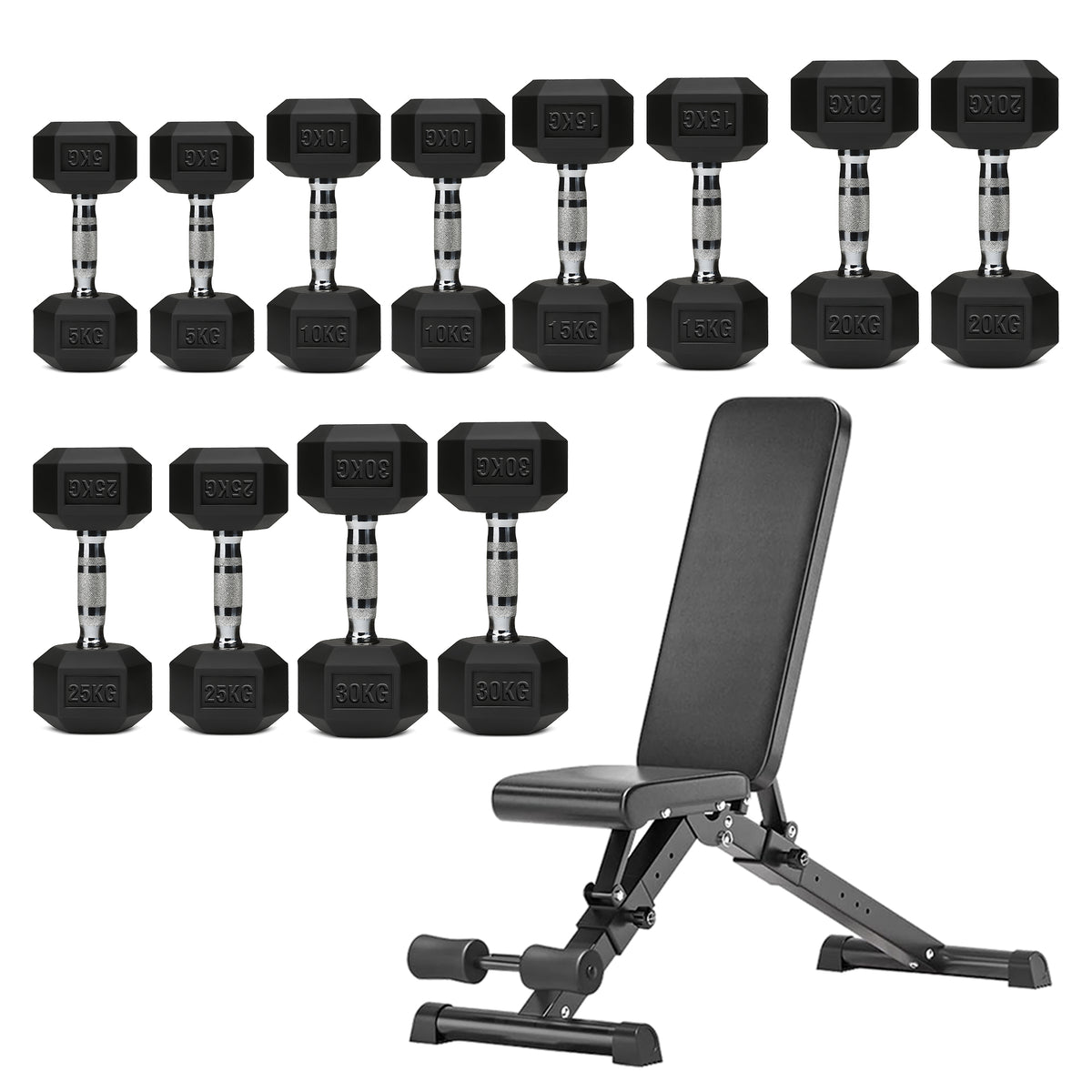 Hex dumbbell set with adjustable weight bench