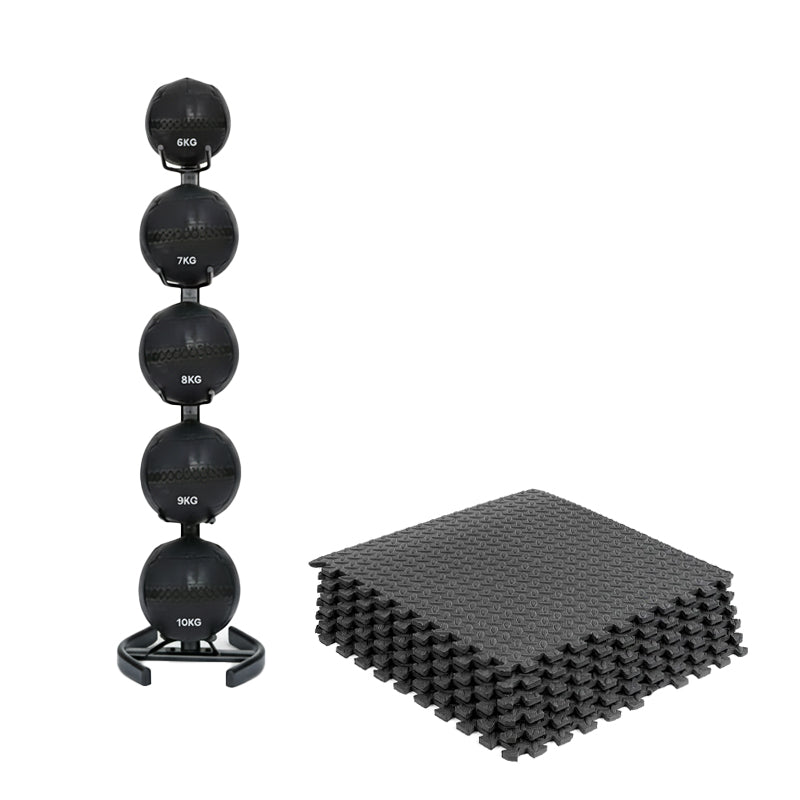 Wall ball storage rack set with interlocking gym floor mats