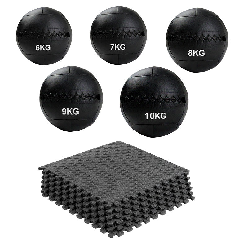 Set of five wall balls with interlocking gym floor mats