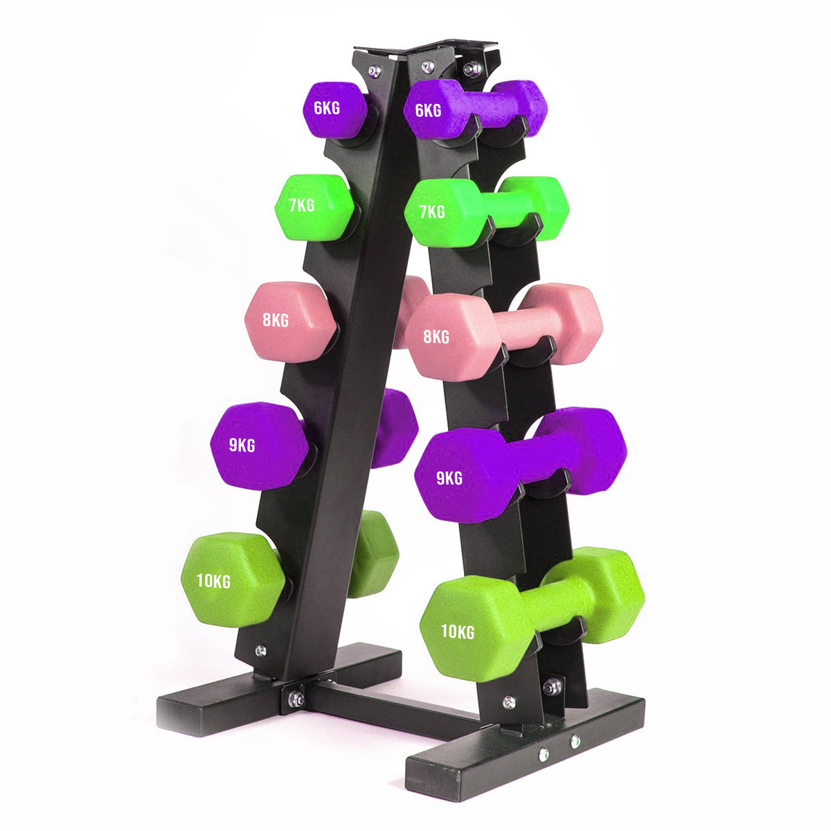 Neoprene dumbbells on a compact storage rack