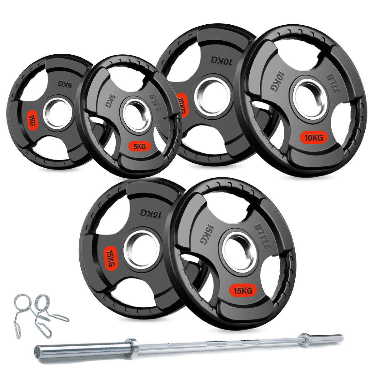 Tri-grip weight plate set with barbell and spring collars