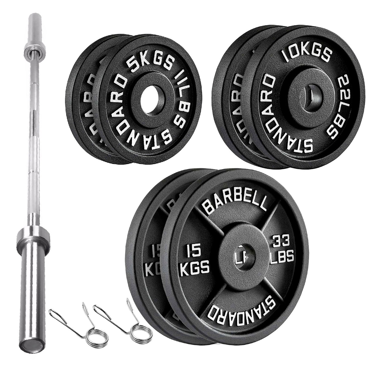 Cast iron weight plate set with barbell and spring collars