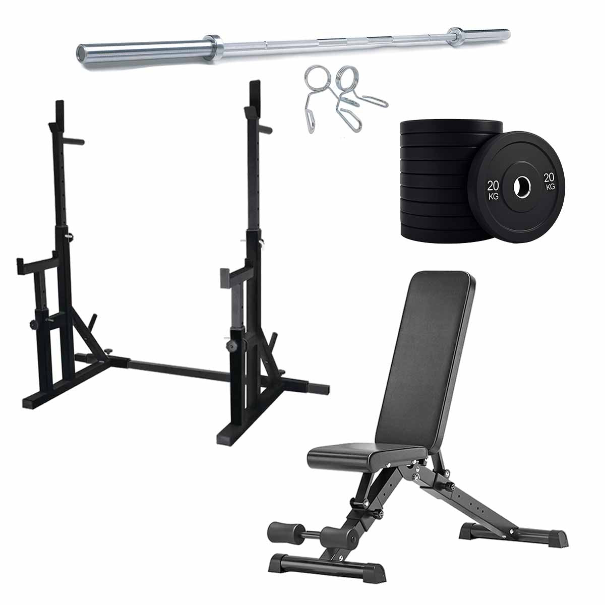 Black squat rack set with weight plates and adjustable bench
