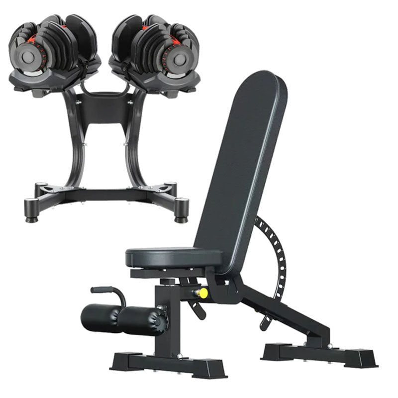 Adjustable dumbbell configuration with weight bench