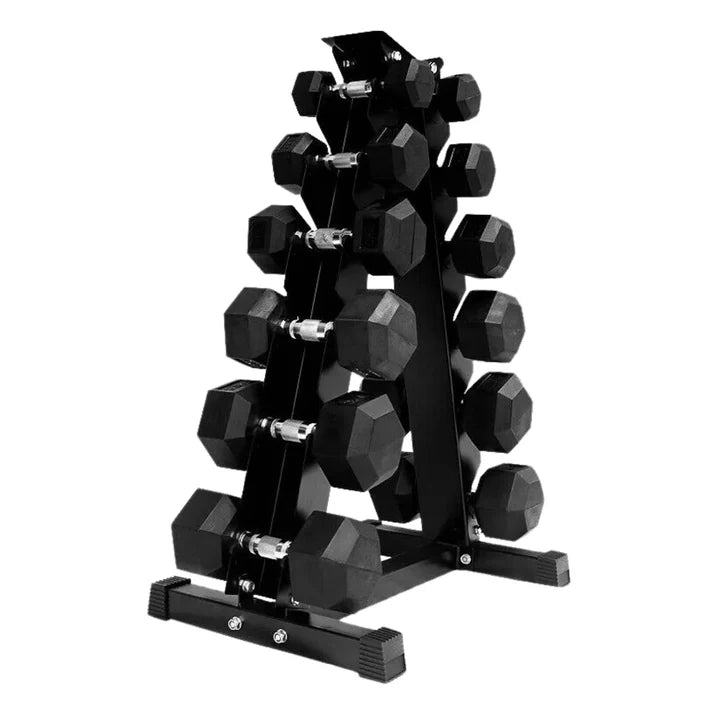 Hex dumbbells on a six-tier tree rack