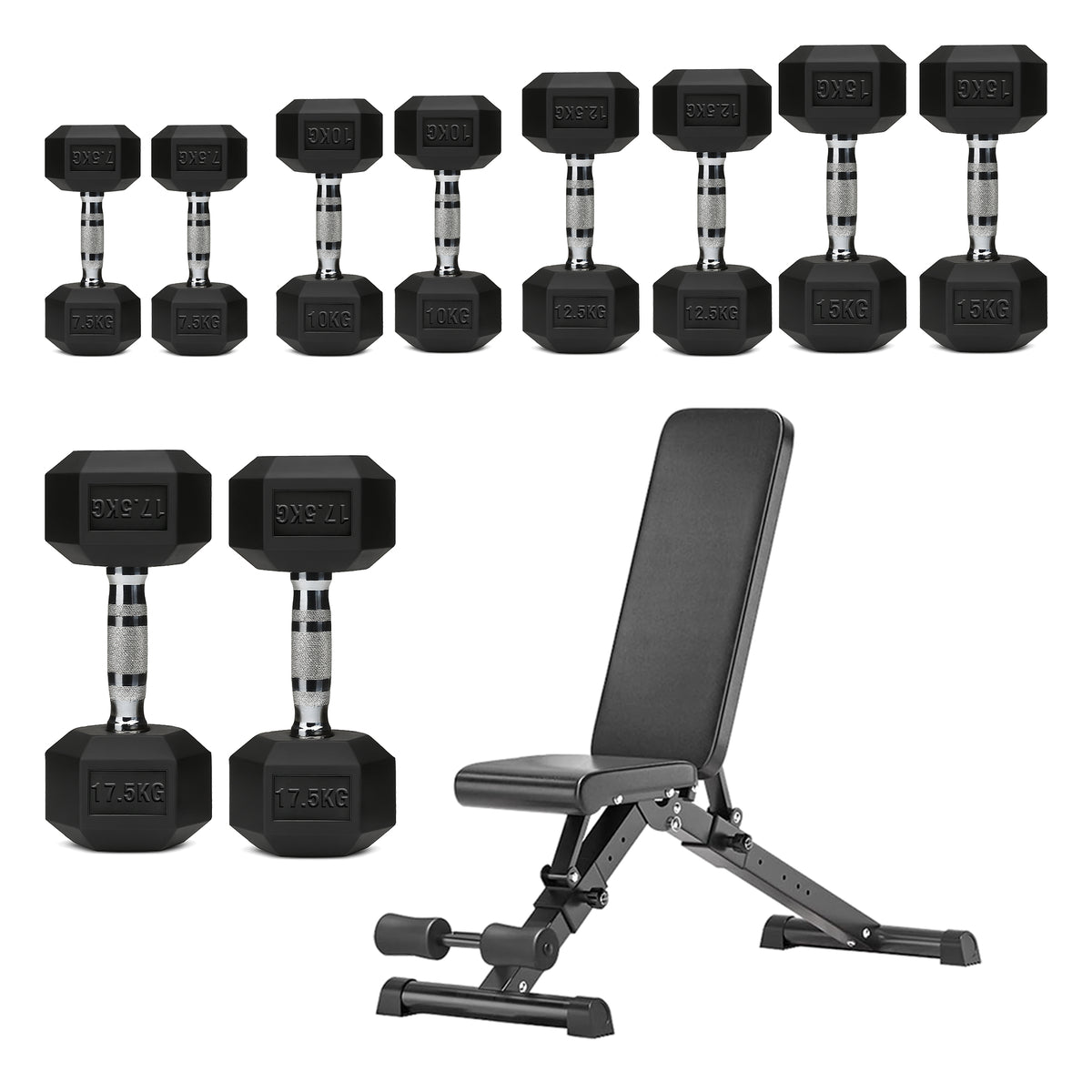 Hex dumbbell set with adjustable weight bench