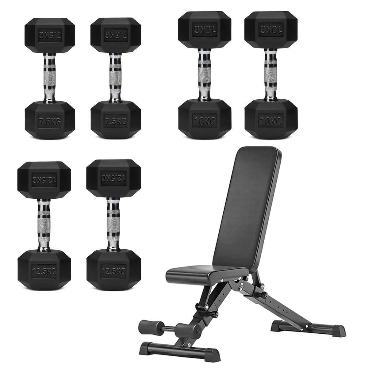 Hex dumbbell set with adjustable weight bench