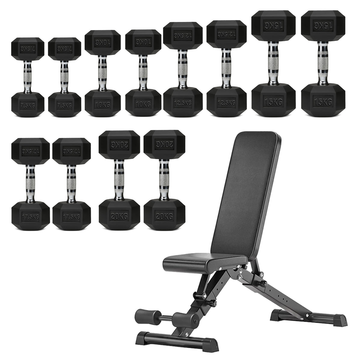 Hex dumbbell set with adjustable weight bench