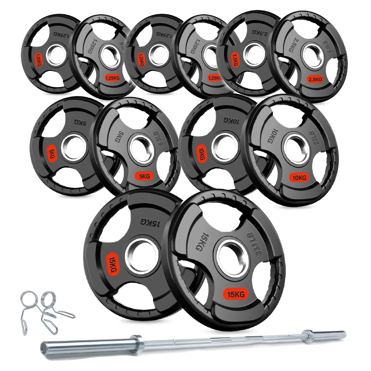 Tri-grip weight plate set with barbell and spring collars