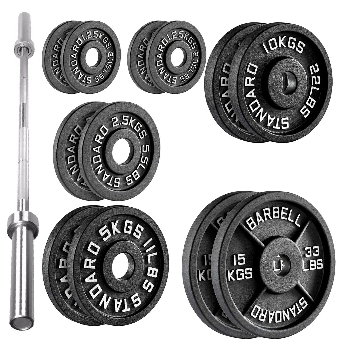 Cast iron weight plate set with barbell and spring collars