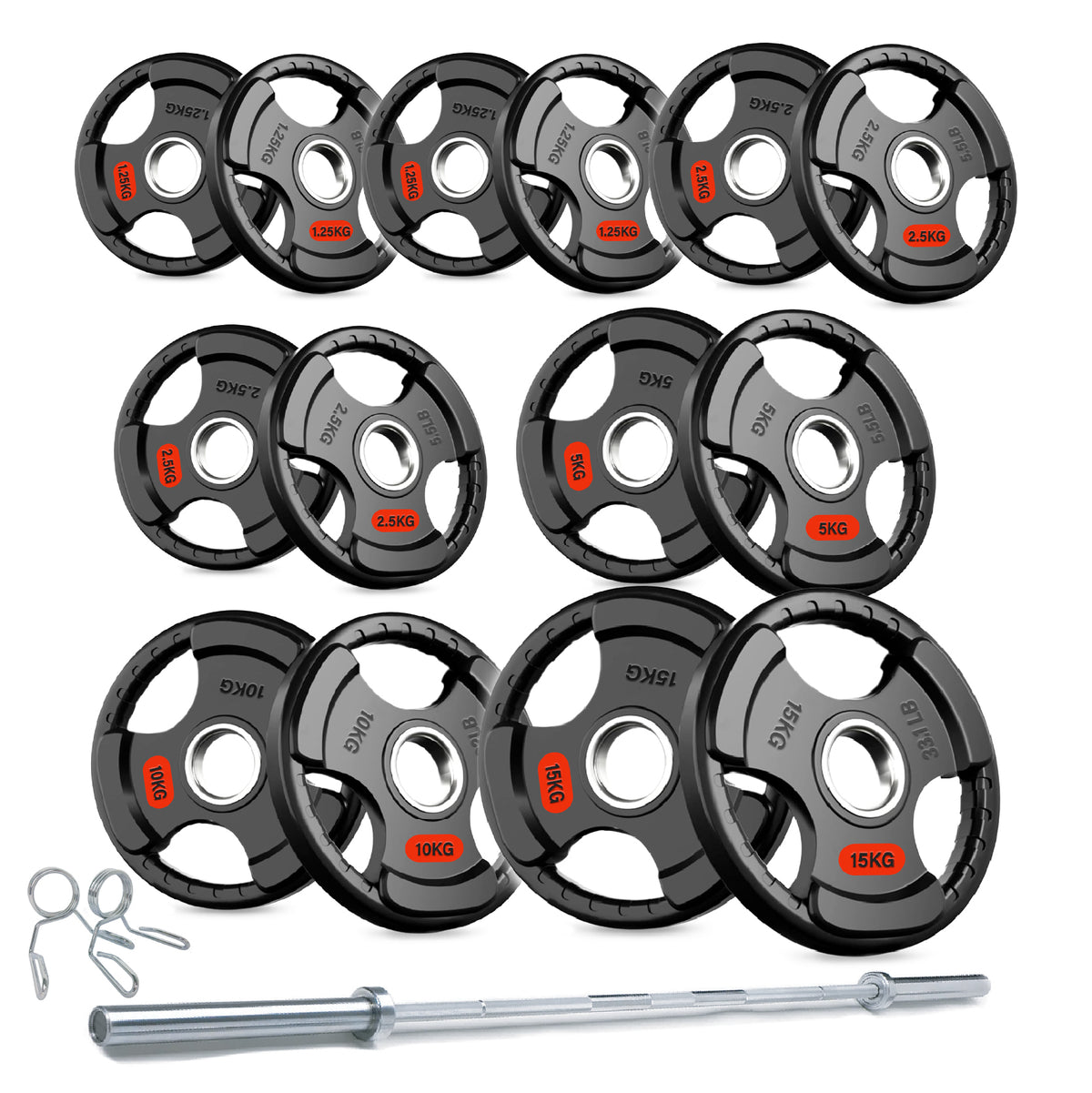Tri-grip weight plate set with barbell and spring collars