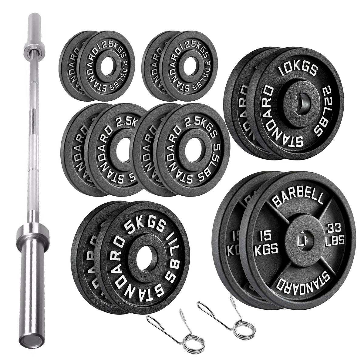 Cast iron weight plate set with barbell and spring collars