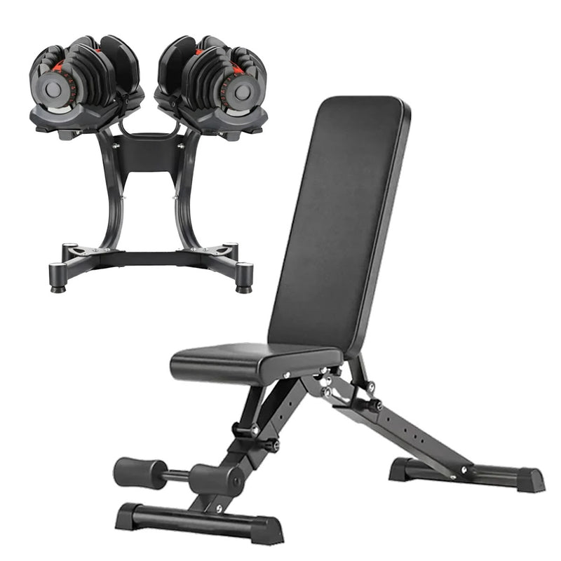 Adjustable dumbbells on a stand with weight bench