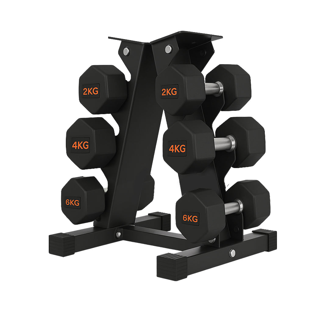 Hex dumbbell pairs on a compact storage rack