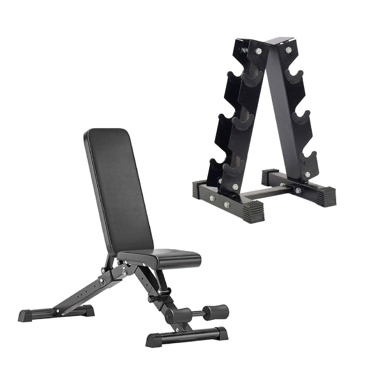 Empty dumbbell tree rack with weight bench