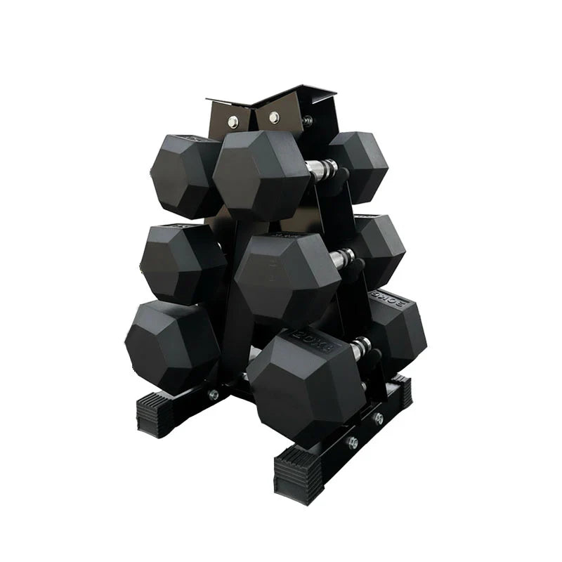 Hex dumbbell pairs on a compact tree rack