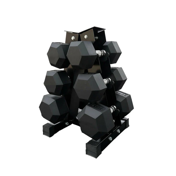 Hex dumbbell pairs on a compact tree rack