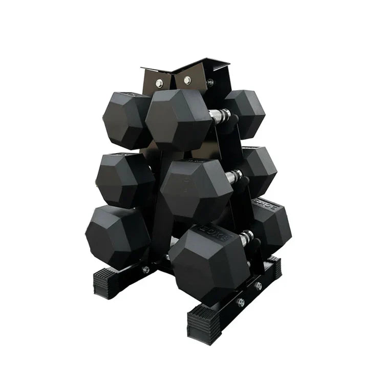 Hex dumbbell pairs on a compact tree rack