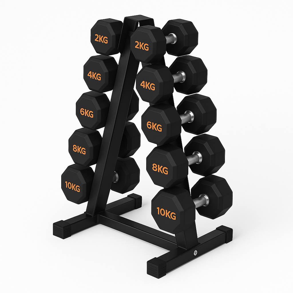 Hex dumbbell pairs on a compact storage rack