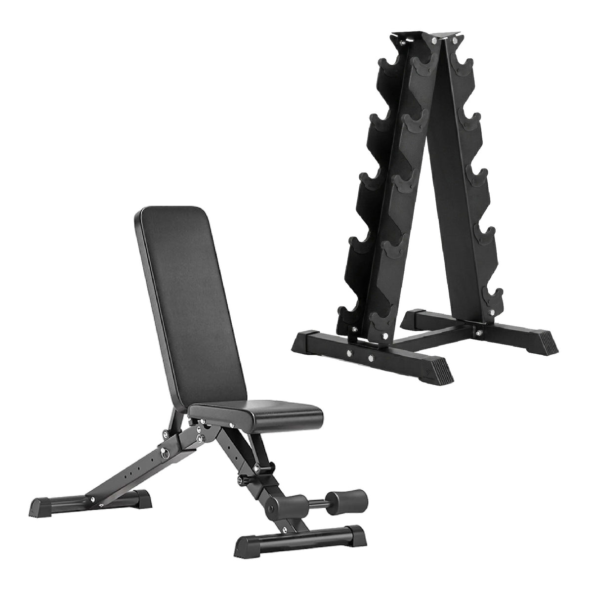 Empty dumbbell rack and adjustable bench