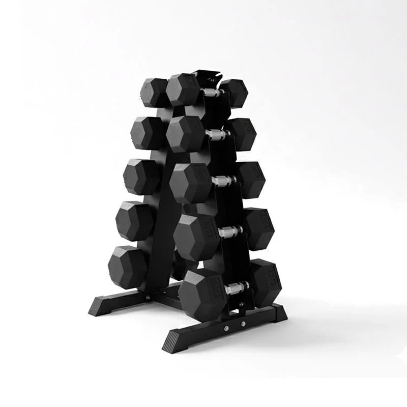 Hex dumbbells on a five-tier storage rack