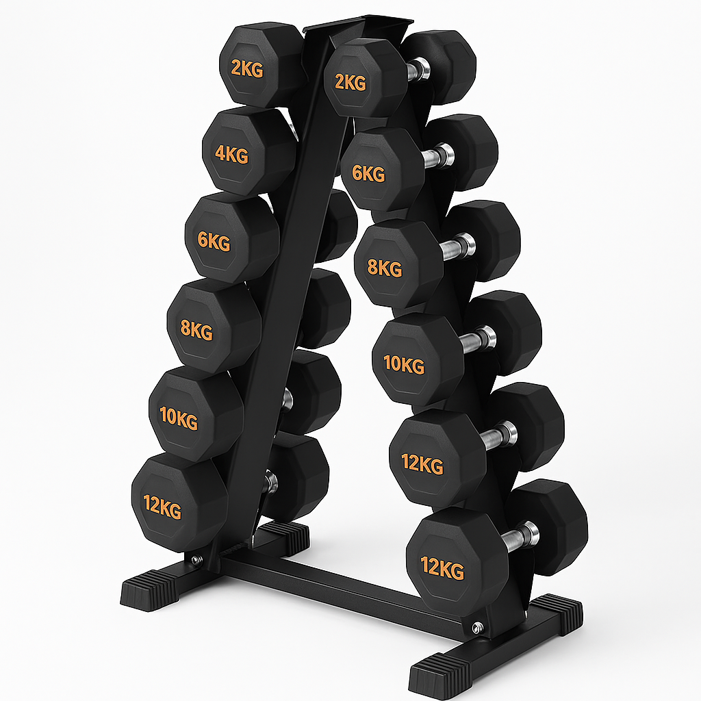 Hex dumbbell pairs on a compact storage rack