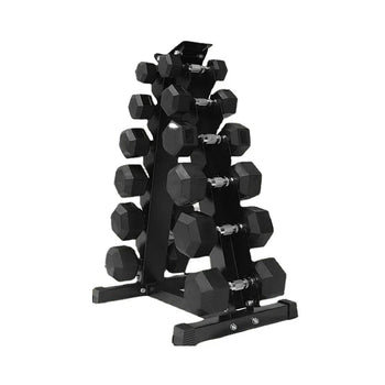 Hex dumbbells on a six-tier storage rack