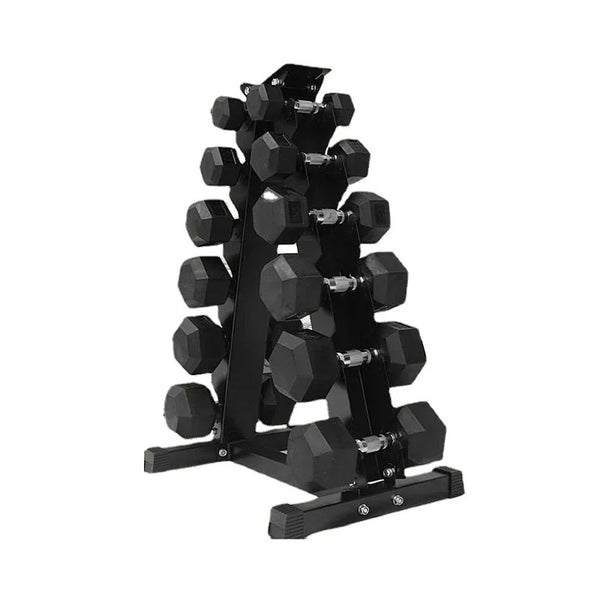 Hex dumbbells on a six-tier storage rack