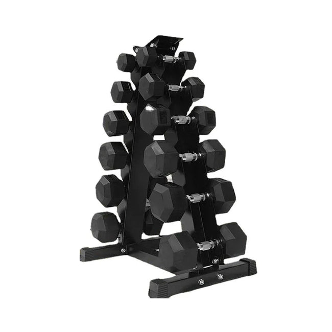 Hex dumbbells on a six-tier storage rack