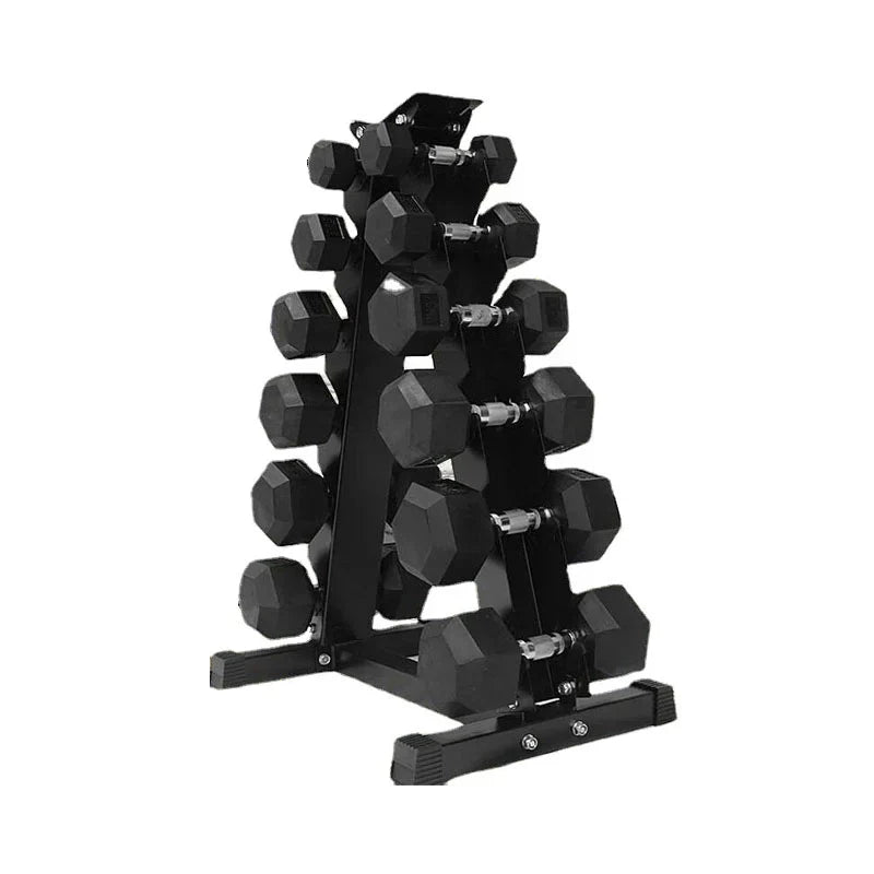 Hex dumbbells on a six-tier tree rack