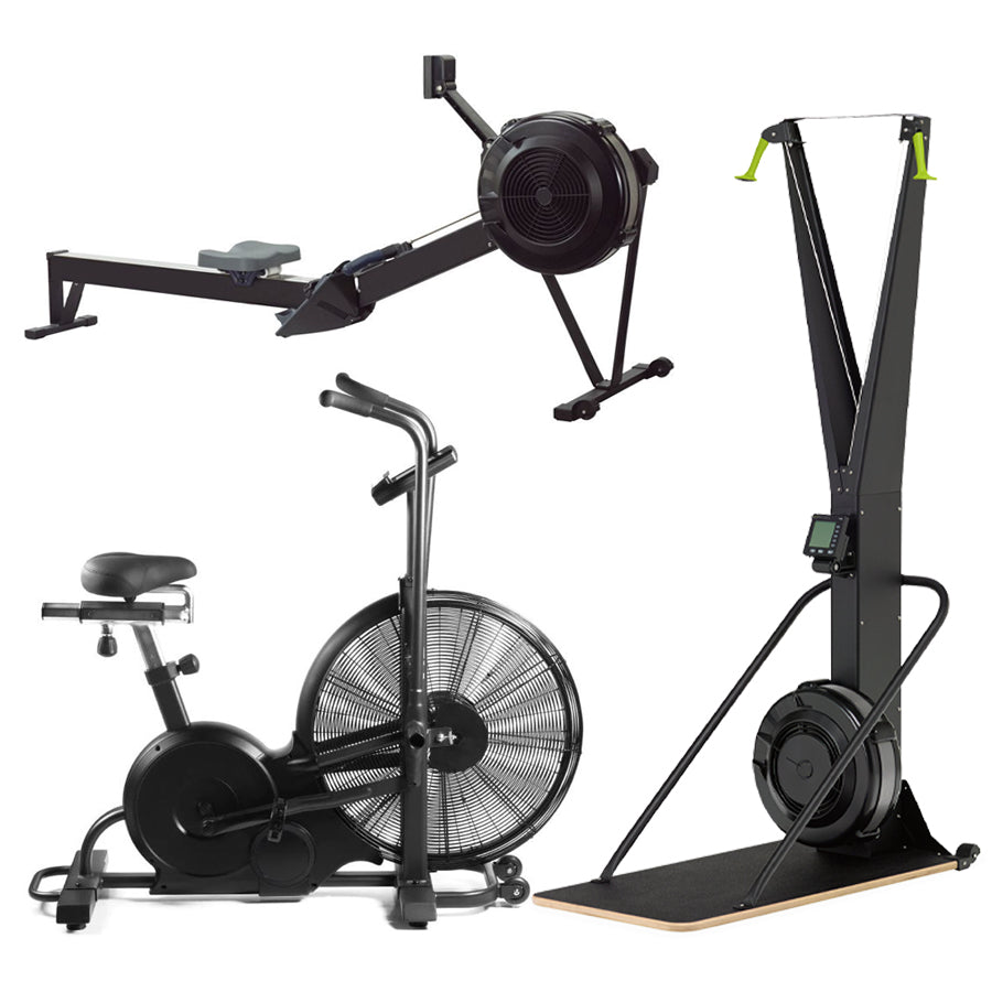 Air bike, rowing machine and ski trainer combination